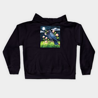 watercolor floral crow out at night Kids Hoodie